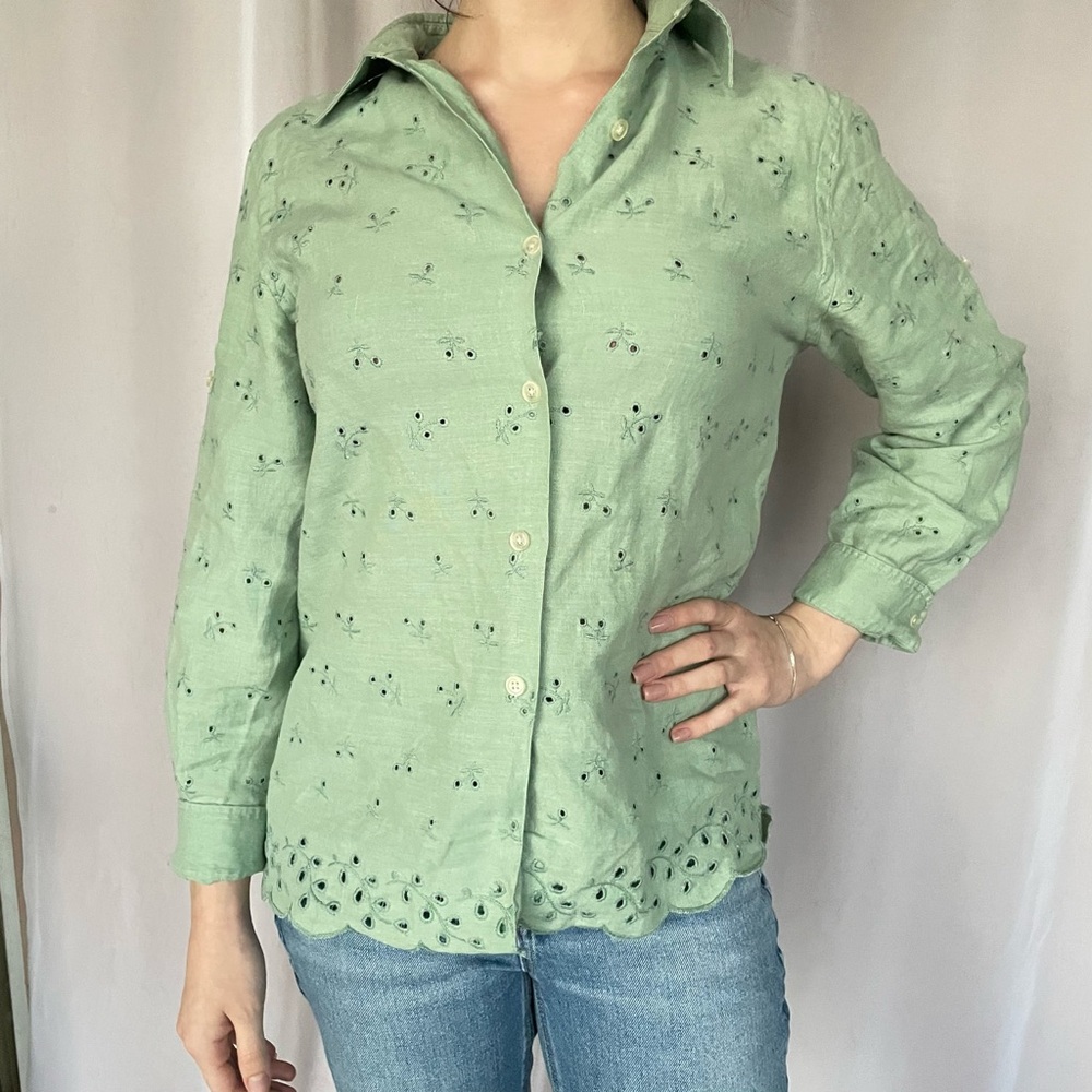 RALPH LAUREN (Petite) Embroidered Long Sleeve Blouse – Mint Green